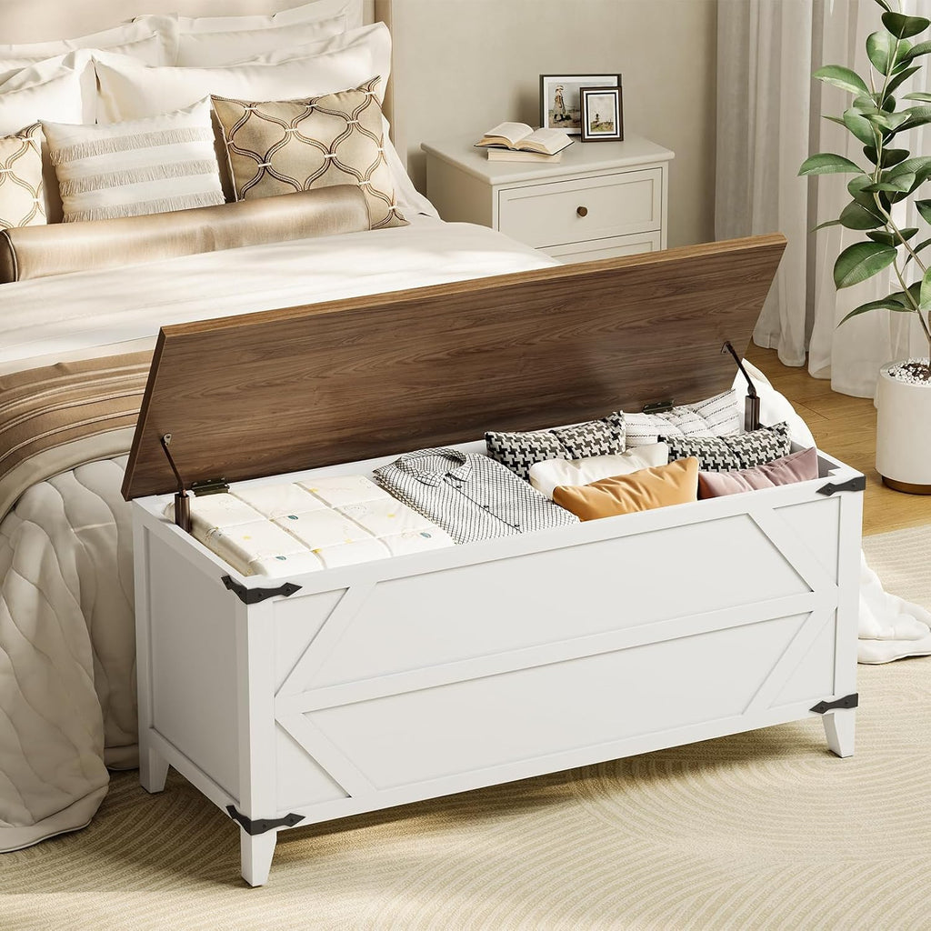 HOOBRO 43.3" Storage Bench, Toy Box with Safety Hinges, Toy Chest Storage, Wooden Storage Bench for Bedroom, Living Room, White and Walnut WH611CW01