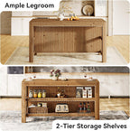 63-Inch Solid Wood Kitchen Island with Storage Shelves, Farmhouse Island Table with Seating, Counter Height Bar Table for Dining Room, Kitchen, Easy to Assemble, Natural Wood