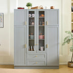 71" H Large Kitchen Pantry with 6 Doors, 53.2" L x 17.7" W Wooden Cupboard with Drawers, Pull-Out Trays, Wine Rack and Adjustable Shelves for Dining Room, Gray-Green