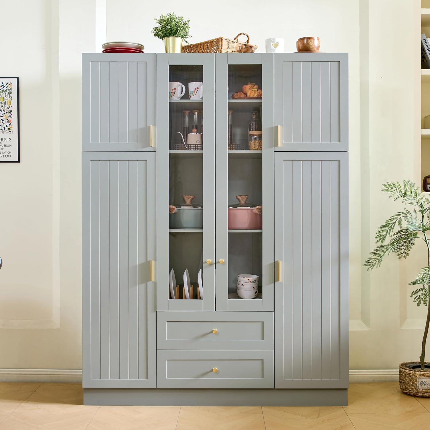 Virubi Modern Large Kitchen Pantry with 6 Doors, 53.2" L x 17.7" W Storage Cabinet - Adjustable Shelves, Pull-Out Trays, Wine Rack & Drawers for Dining Room/Kitchen Organization (Green)