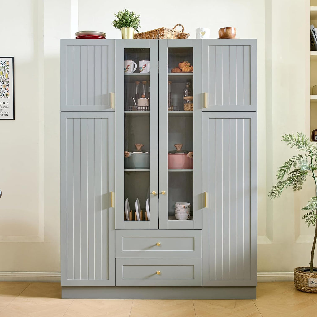 Large Kitchen Pantry Cabinet with 6 Doors and Drawers, Storage Cabinet Cupboard with Adjustable Shelves, Pull-Out Trays and Wine Rack for Dining Room, Kitchen (Green)