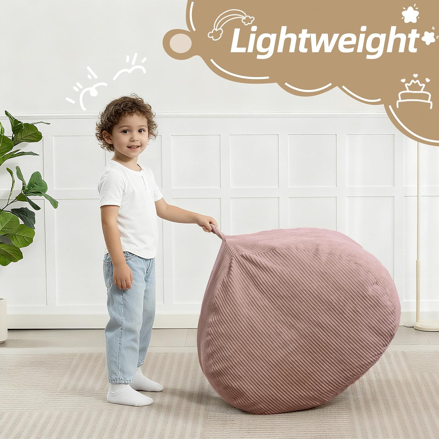 2.5FT Bean Bag Chair with Memory Foam Filling, Pink | Corduroy Fluffy Beanbag Chair for Kids and Teens, Comfy Floor Chair for Living Room Bedroom