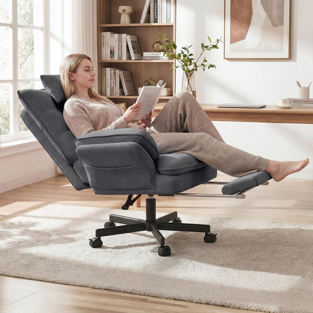 Criss Cross Office Chair with Flip-Up Armrests and Headrest, 135° Reclining Swivel Velvet Criss Cross Chair with Wheels & Foot Rest, Big and Tall Cloud Cross Legged Office Chair for Home, Gray