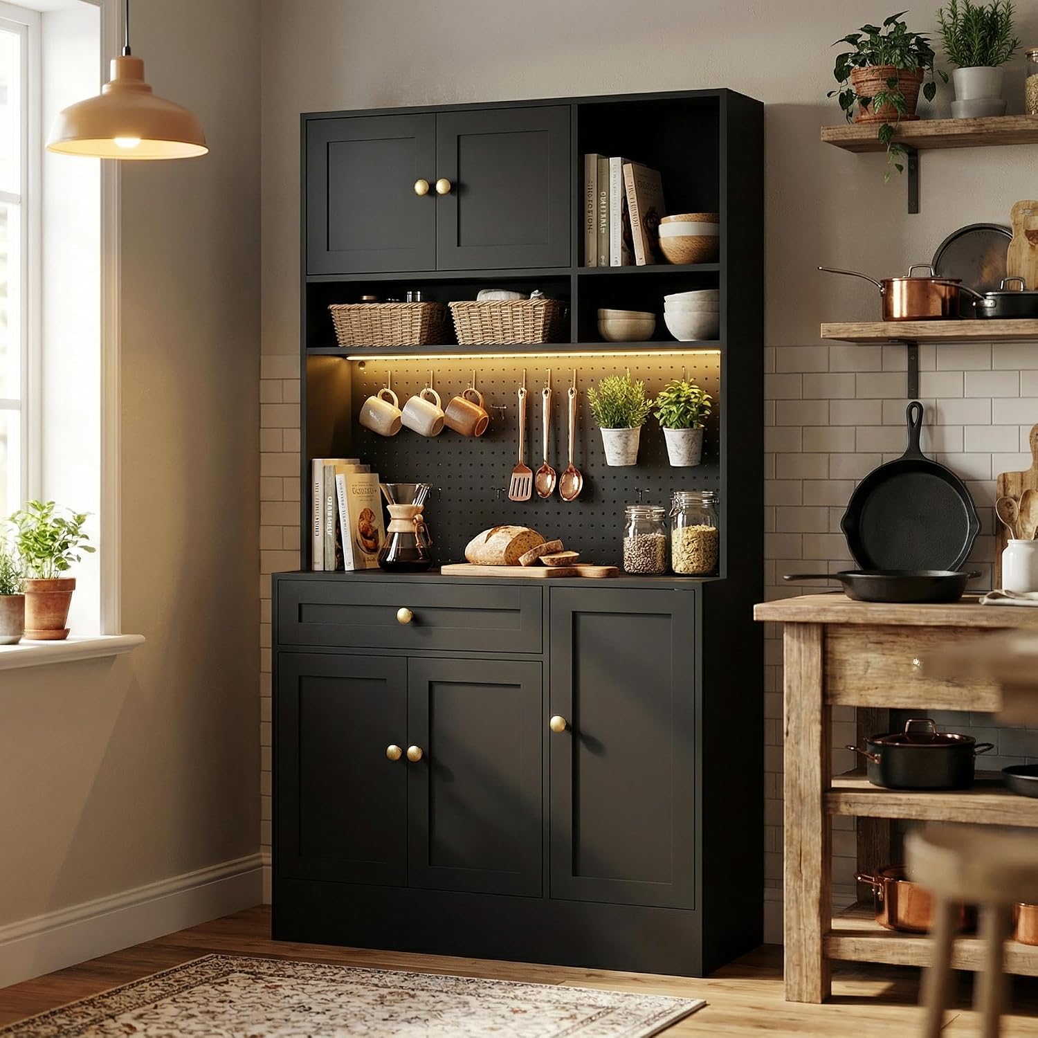 ELECWISH 71” Tall Pantry Cabinet with LED & Pegboard, Kitchen Pantry Storage Cabinet with Charging Station, 5 Hooks and Adjustable Shelf, Large Kitchen Hutch Coffee Bar for Dining Room, Black