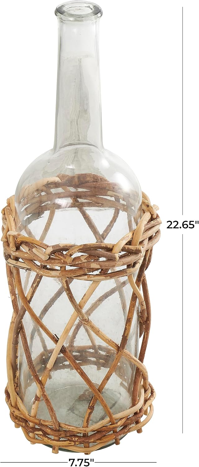 Deco 79 Glass Handmade Decorative Vase Tall Centerpiece Vase with Brown Rattan Woven Lower Body, Flower Vase for Home Decoration 8" x 8" x 23", Clear