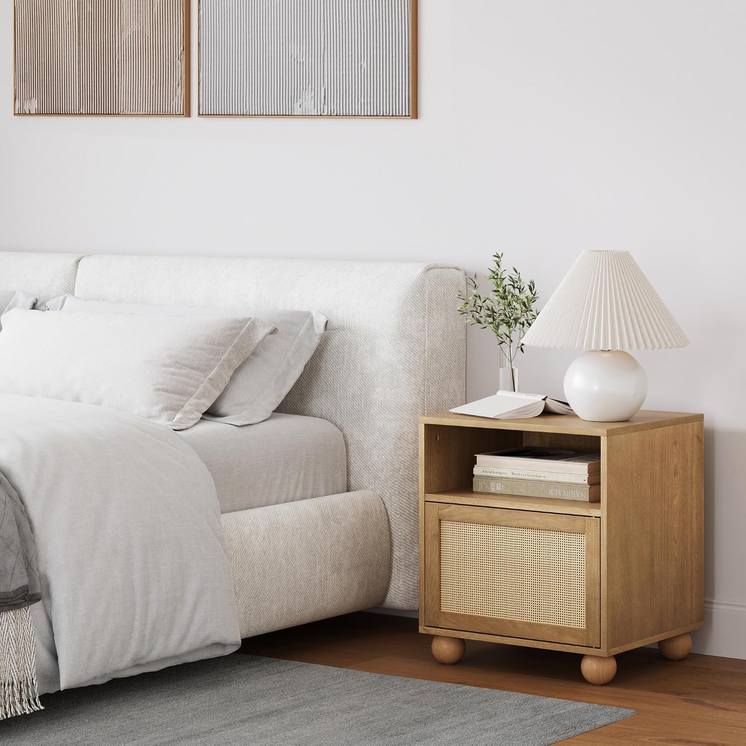 Nathan James Franco Faux Rattan Side Table Nightstand with Storage, Rustic Bedside Table with Solid Wood Legs, Light Brown