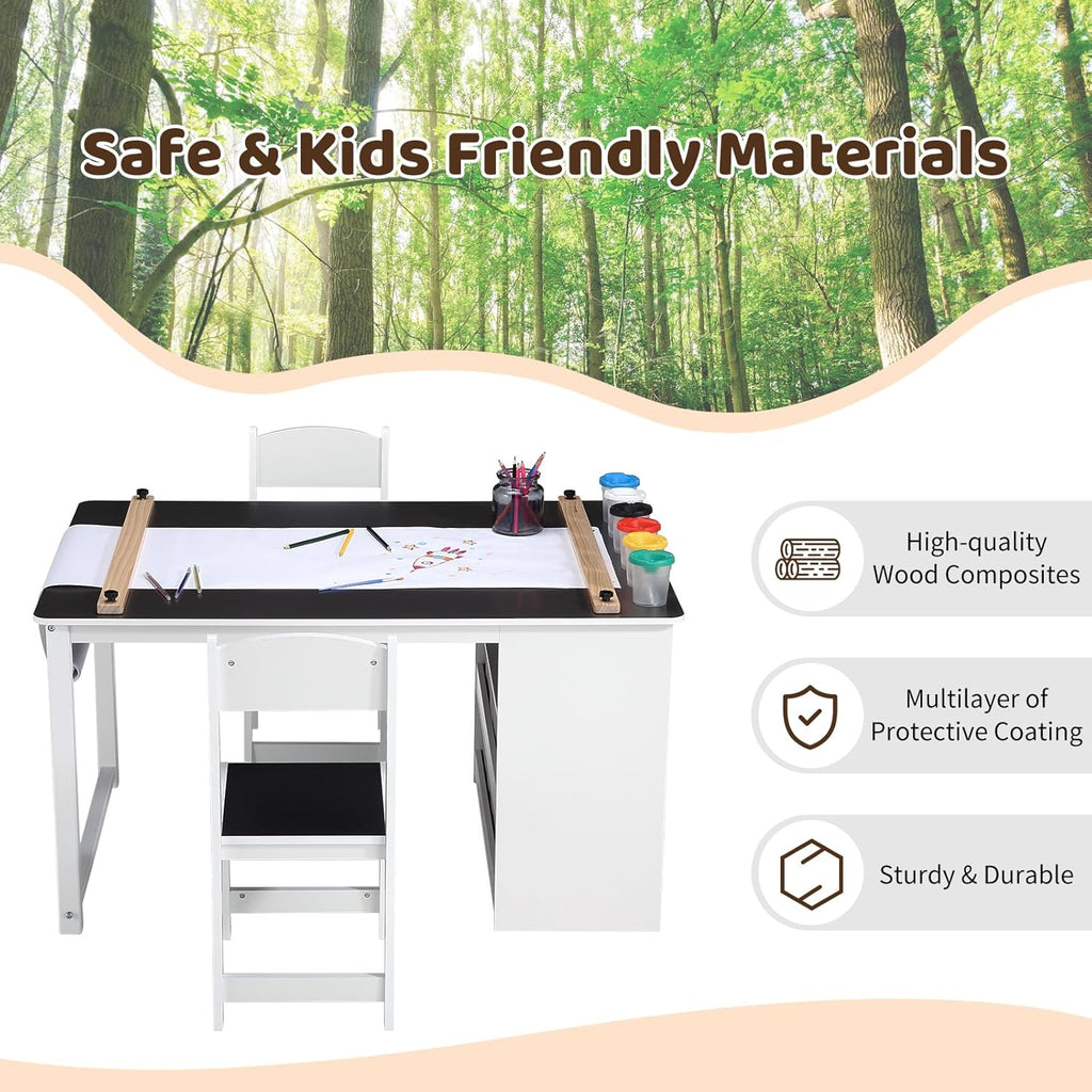 4-in-1 Kids Art Table and Chair Set, Wood Toddler Activity Desk with Large Storage Cabinet, Versatile for Drawing, Painting, Writing, Craft, Reading, and Play – Ideal for Children Ages 2-12