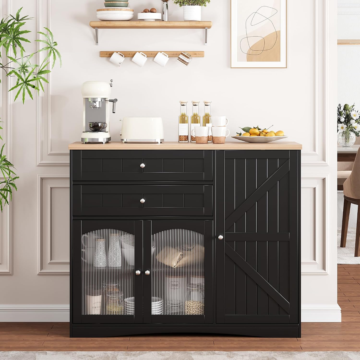 FiveWillowise Farmhouse Buffet Sideboard Cabinet, Black Storage Cabinet with Barn Doors and Drawers, Fluted Glass Doors & Adjustable Shelves, Coffee Bar with Storage for Kitchen, Living Room