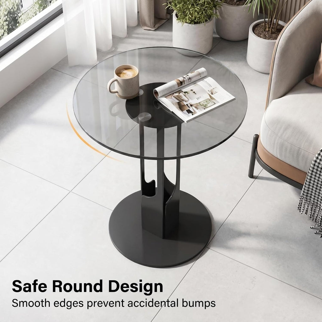 Round Tempered Glass Side Table, Black Metal End Table with Gray Glass Top, Modern Accent Table for Living Room, Bedroom, Sofa Side, Small Spaces