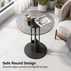 Round Tempered Glass Side Table, Black Metal End Table with Gray Glass Top, Modern Accent Table for Living Room, Bedroom, Sofa Side, Small Spaces