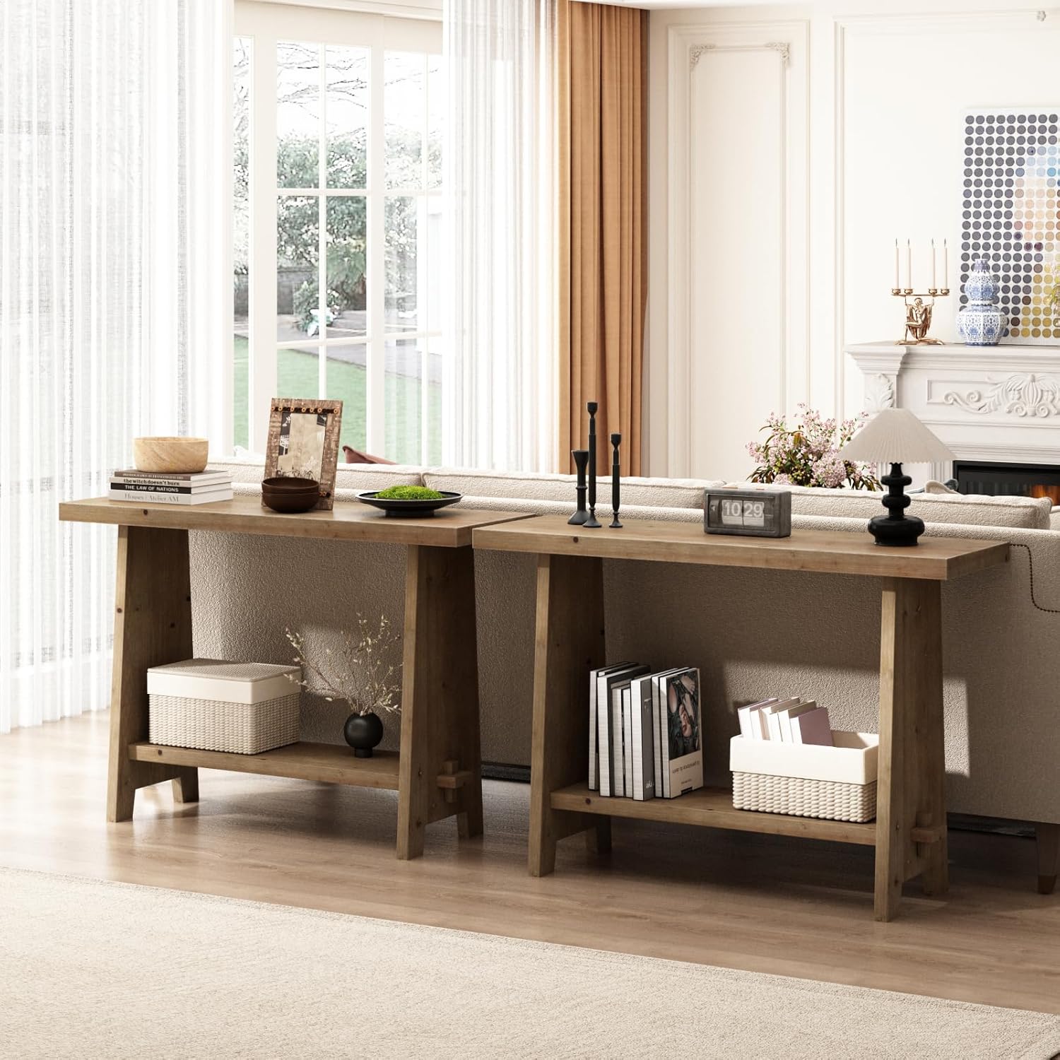 HOKYHOKY Wood Console Table for Entryway, 43.3" Farmhouse Entryway Table with Storage Shelf, Solid Wood Tabletop Rustic Narrow Skinny Sofa Table for Living Room, Hallway, Entryway, Foyer, Brown