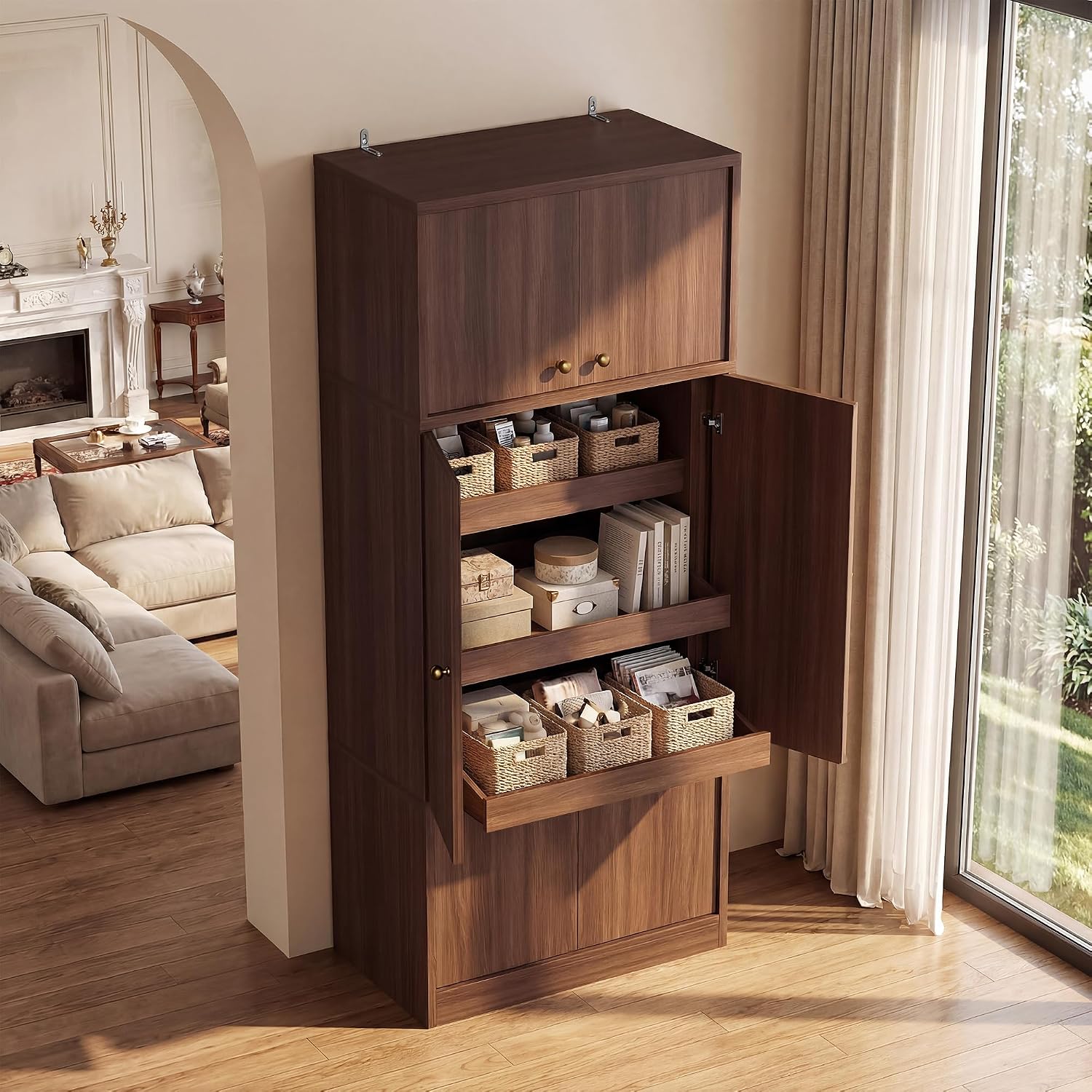 71" Tall Kitchen Pantry Cabinet - Walnut Wood Storage Cabinet with 6 Doors and Adjustable Shelves, Freestanding Kitchen Storage Cabinets with Open Drawers for Kitchen Dining Room Living Room