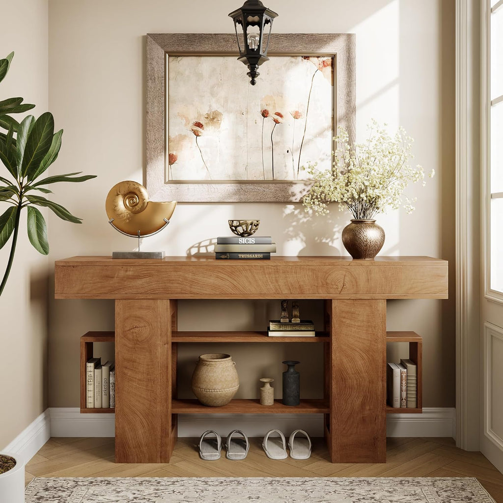 Einhomn 63 Inches Entryway Table, Wooden Console Table with Storage, Narrow Sofa Table Behind Couch, Farmhouse Long Entry Hallway Tables for Entrance, Foyer, Living Room, Natural Brown