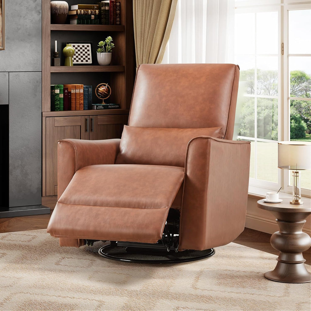 Swivel Rocking Nursery Recliner Chair, Glider Rocker Recliner with High Backrest & Deep Seat, PU Leather Sofa Chair for Nursery, Living Room, Bedroom and Home Theater, Brown