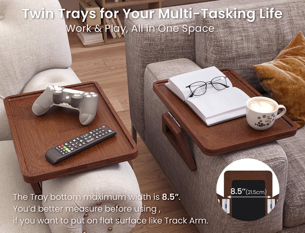 2 Pack Couch Arm Tray,Bamboo Folding Sofa Tray,Sofa Armrest Tray Clip-On Couch Desk for Drinks,Snacks,Phone,Remote Control（Brown）