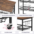 SWTYMIKI 24.4''x15.7'' Rolling Microwave Cart - 4 Tier Microwave Table Stand with 6 Storage Baskets, Coffee Bar with Wheels, Kitchen Utility Cart Shelf Rack Organizer for Vegetables, Potato, Brown