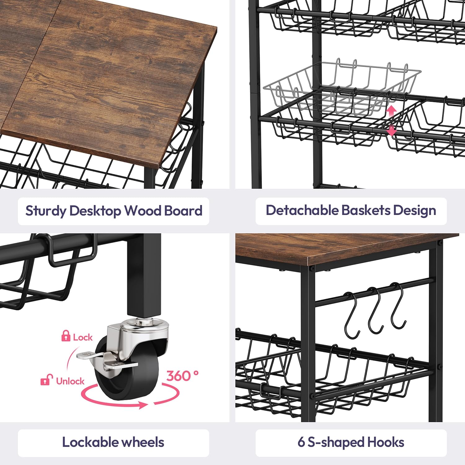SWTYMIKI 24.4''x15.7'' Rolling Microwave Cart - 4 Tier Microwave Table Stand with 6 Storage Baskets, Coffee Bar with Wheels, Kitchen Utility Cart Shelf Rack Organizer for Vegetables, Potato, Brown