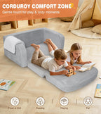 Extra Wide 2-in-1 Convertible Kids Couch | Large Corduroy Toddler Sofa Chair with Storage Pocket & Blanket | Foldable Foam Play Couch| Non-Toxic, for Boys & Girls, Grey