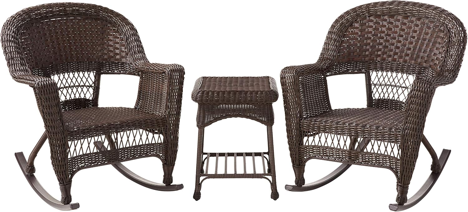 Jeco 3 Piece Rocker Wicker Chair Set, Espresso