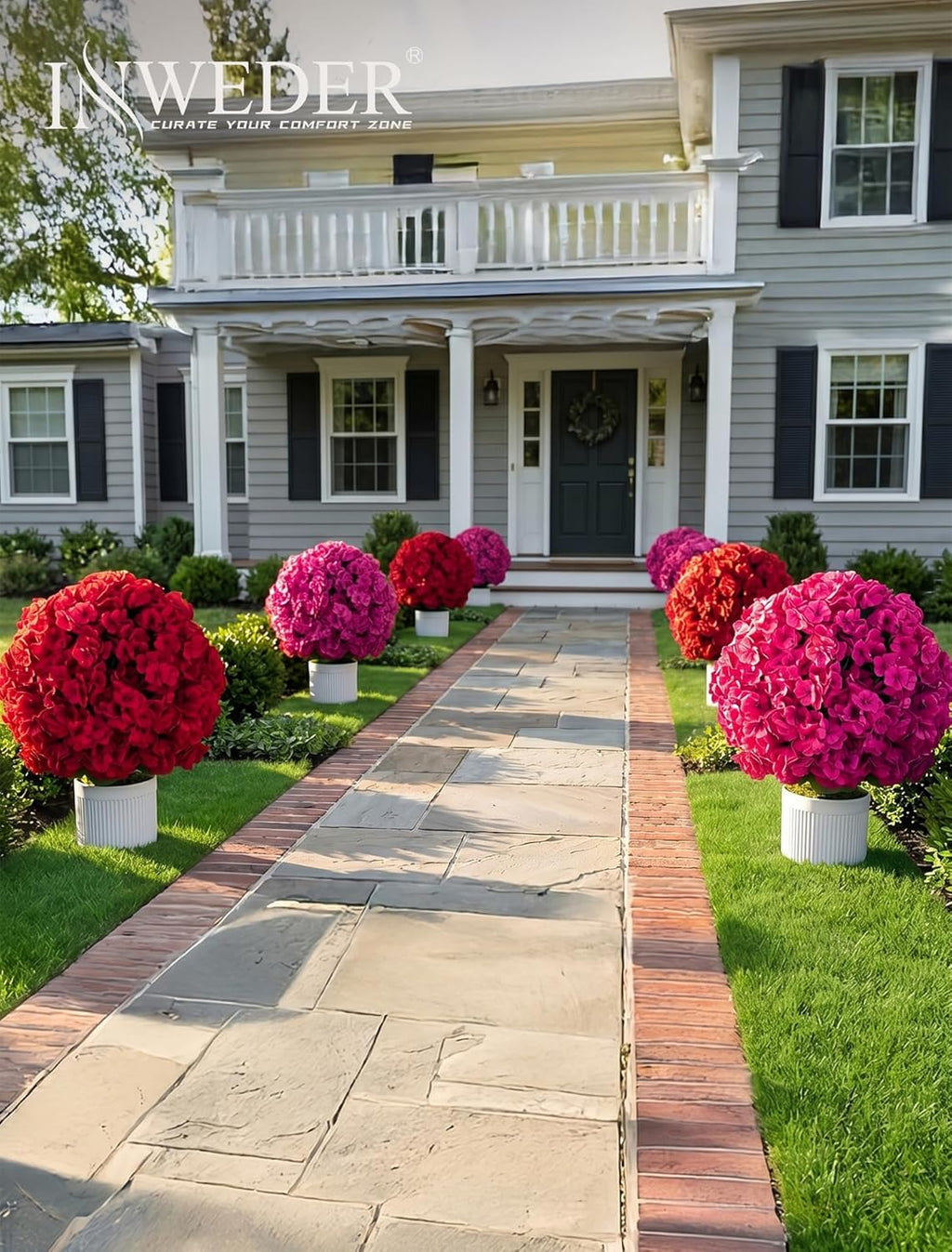 Faux Geraniums for Outdoor Planters: 26” Faux Flower Topiary Ball with Pot Set of 2 for Patio Porch - Hot Pink UV Resistant Silk Geraniums for Outdoors Front Door