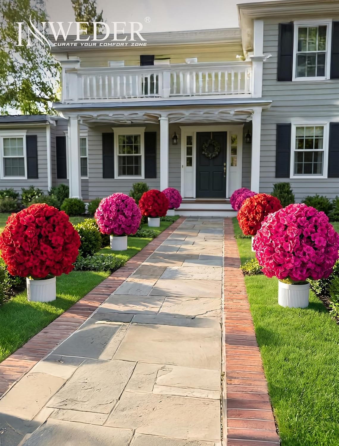 Faux Geraniums for Outdoor Planters: 26” Faux Flower Topiary Ball with Pot Set of 2 for Patio Porch - Hot Pink UV Resistant Silk Geraniums for Outdoors Front Door