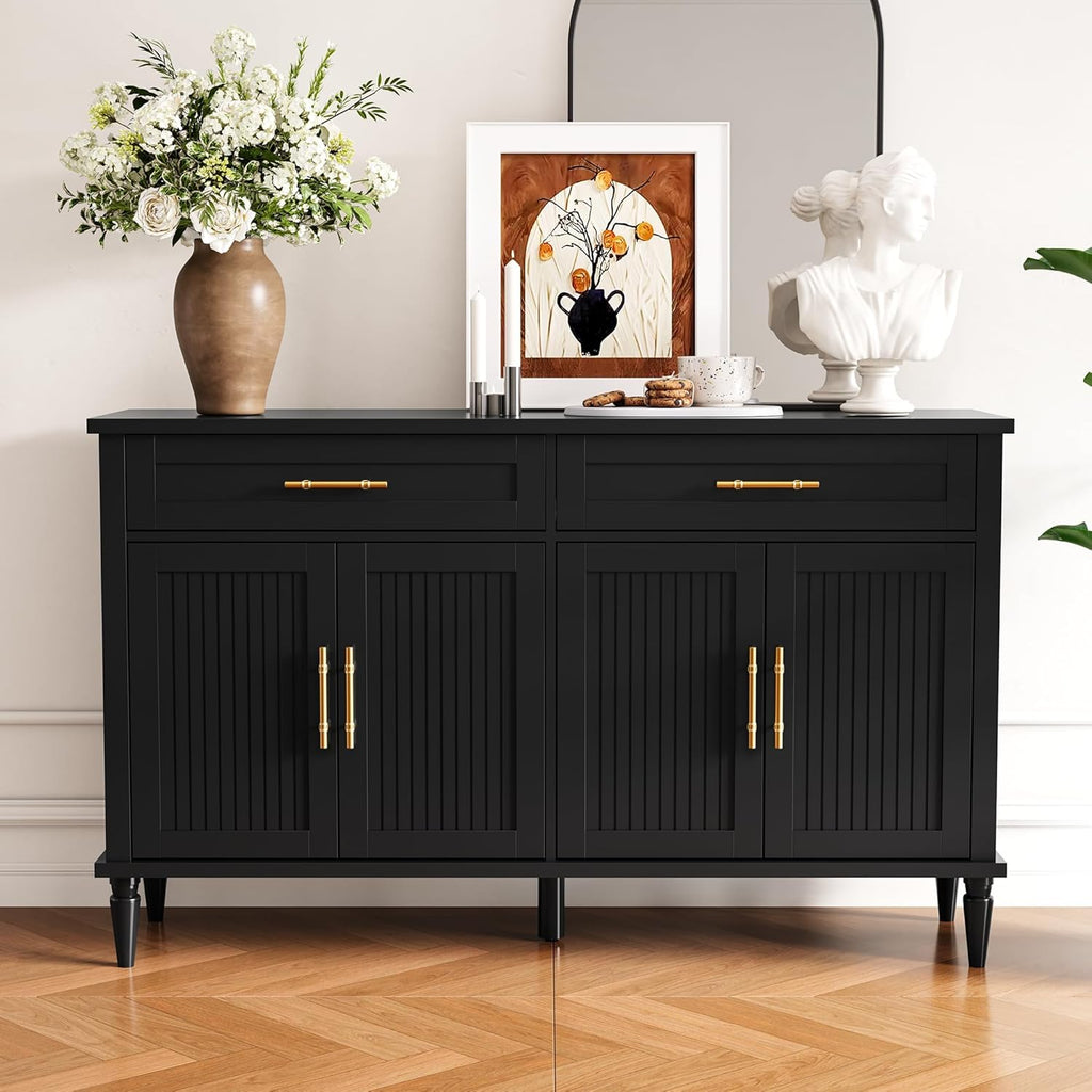 58 Inch Sideboard Buffet Cabinet with Storage, Fluted Buffet Storage Cabinet with 2 Drawers and 4 Doors, Modern Coffee Bar with Adjustable Shelves for Living Room, Kitchen (Black)