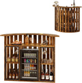 Drinks Bar Table with Fridge Space,4-Tier Home Bar Cabinet with Storage & Glass Holder,Power Outlet, Arc-Shaped Modern Liquor Cabinet for Home, Wooden Bar Station for Living Room, Kitchen, Basement