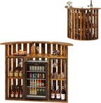 Drinks Bar Table with Fridge Space,4-Tier Home Bar Cabinet with Storage & Glass Holder,Power Outlet, Arc-Shaped Modern Liquor Cabinet for Home, Wooden Bar Station for Living Room, Kitchen, Basement