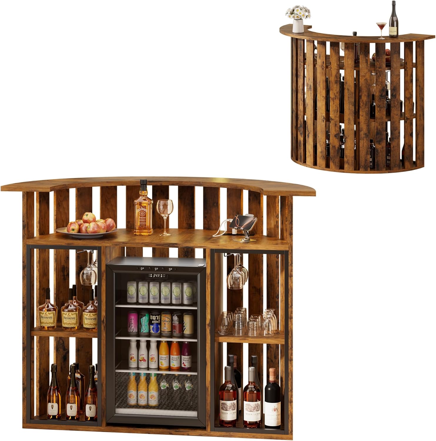 Drinks Bar Table with Fridge Space,4-Tier Home Bar Cabinet with Storage & Glass Holder,Power Outlet, Arc-Shaped Modern Liquor Cabinet for Home, Wooden Bar Station for Living Room, Kitchen, Basement