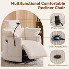 FOXHUNTER Power Nursery Rocking Chairs Glider Rocking Chair 300°Swivel Rocking Recliner with USB Charging Port and Phone Holder,Footrest,for Living Room, Corduroy, White