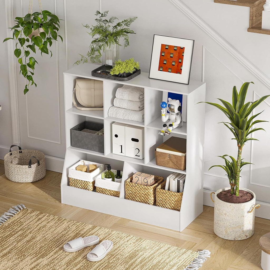 DINZI LVJ Toy Storage Organizer, Kids Bookshelf, Wood Toy Storage Cabinet, 3-Tier 8 Cubby Children Bookcase, 35.4" L Toddler Book Shelf for Playroom, Living Room, Nursery, Hallway, Classroom, White