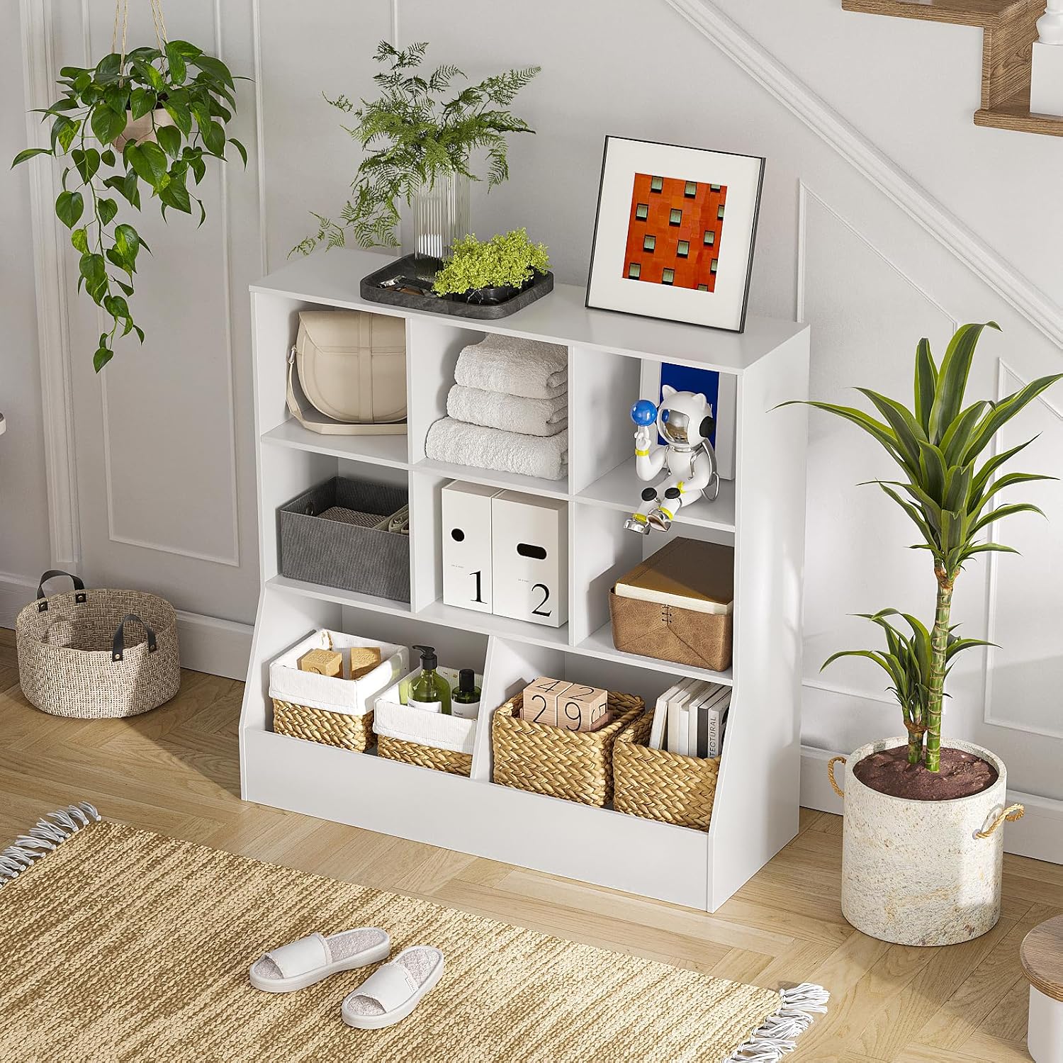 DINZI LVJ Toy Storage Organizer, Kids Bookshelf, Wood Toy Storage Cabinet, 3-Tier 8 Cubby Children Bookcase, 35.4" L Toddler Book Shelf for Playroom, Living Room, Nursery, Hallway, Classroom, White