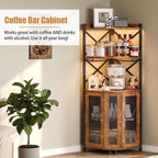 JKsmart Corner Bar Cabinet with LED Lights, 5-Tier Industrial Wine Bar Cabinet with Glass Holder, Farmhouse Liquor Cabinets with Shelf and Door, Home Bar for Coffee Bars, Rustic Brown