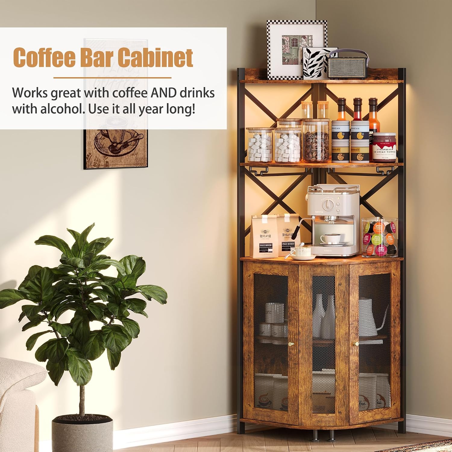 JKsmart Corner Bar Cabinet with LED Lights, 5-Tier Industrial Wine Bar Cabinet with Glass Holder, Farmhouse Liquor Cabinets with Shelf and Door, Home Bar for Coffee Bars, Rustic Brown