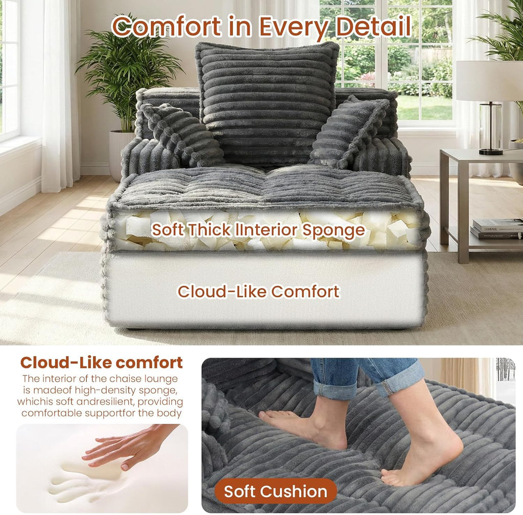 Boneless Chaise Lounge Chair Indoor, Top Fixed-Point Comfort Layer Boneless Couch, 57'' Cloud Corduroy Sofa Bed, Block + Crumb Foam Construction, Deep Seat Reading Chair with 3 Pillows, No Assembly
