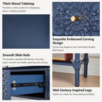 weselon 55.5" Carved Console Table with 3 Drawers, 2-Tier Sofa Table with Glossy Floral Surface and Solid Wood Legs, Mid-Century Modern Entryway Table for Living Room Hallway (Midnight Blue)