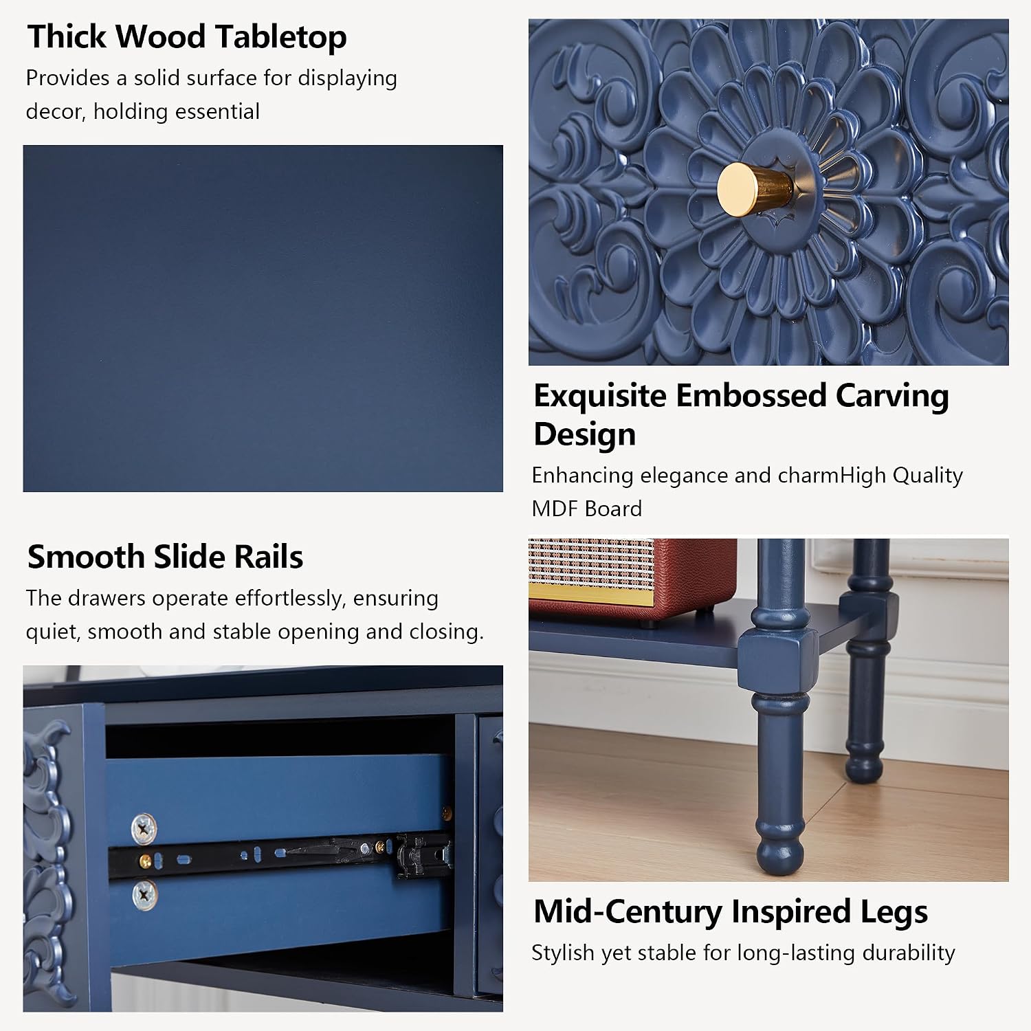 weselon 55.5" Carved Console Table with 3 Drawers, 2-Tier Sofa Table with Glossy Floral Surface and Solid Wood Legs, Mid-Century Modern Entryway Table for Living Room Hallway (Midnight Blue)