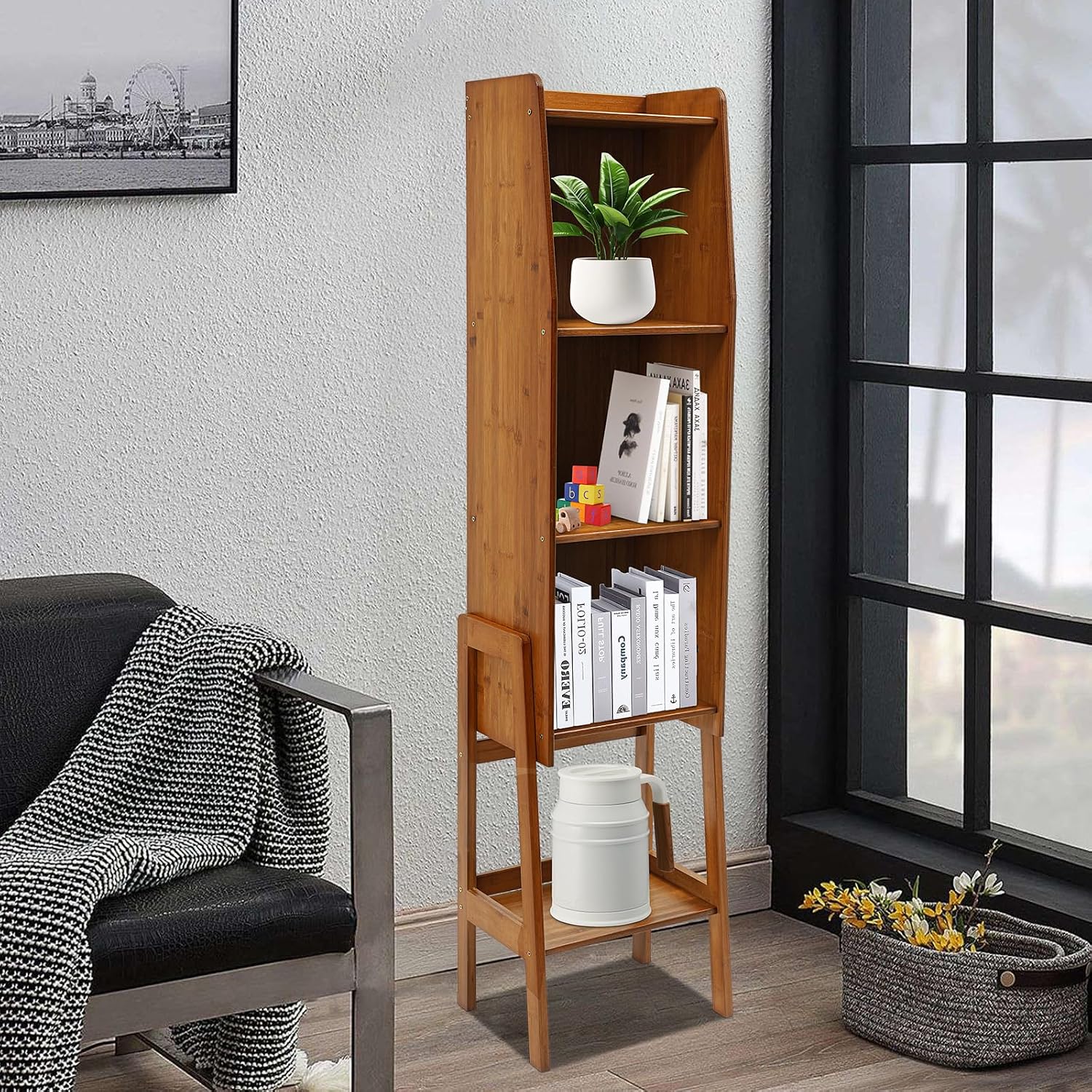 Modern End Table, Side Table Cabinet, Five-Tier Side Table, Wood Bookcase Organizer with Open Shelves for Living Room & Home Office