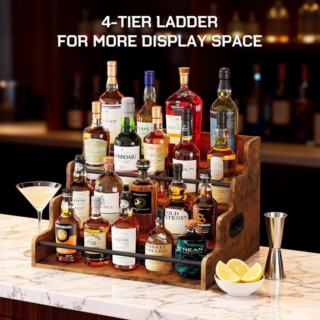 LIVELYGLOW 19.6”W x 15.74" D x 12.5" H Inches Versatile 4-Step Coffee Syrup & Water Bottle Organizer Rack Multi-Functional Retro Display Shelf for Kitchen or Bar, Holds Liquor & Spirits, Wooden