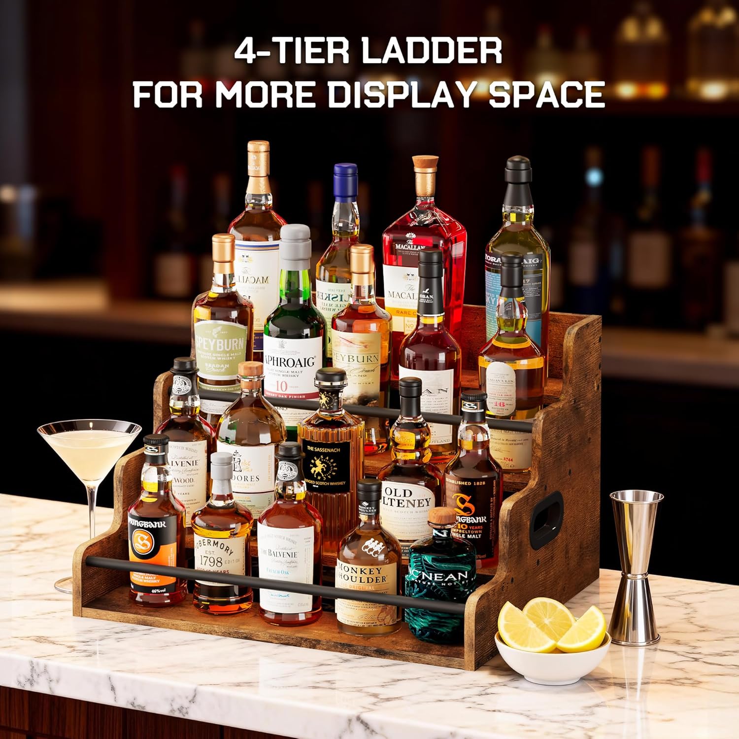 LIVELYGLOW 19.6”W x 15.74" D x 12.5" H Inches Versatile 4-Step Coffee Syrup & Water Bottle Organizer Rack Multi-Functional Retro Display Shelf for Kitchen or Bar, Holds Liquor & Spirits, Wooden