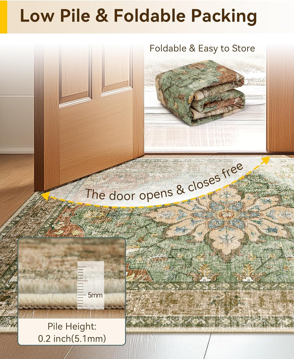 RELEANY Area Rugs 5'x7' Washable Non-Slip, Floral Vintage Distress Medallion Carpet for Living Room Bedroom Dining Room, Terracotta Burnt Orange Green