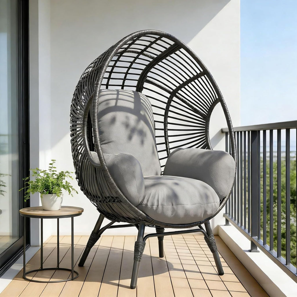 Outdoor Egg Chair Wicker Indoor, 8-Inch Deep Comfort Cushion, 400lbs Capacity, Semi-Enclosed Balcony Chairs(Black+Gray)