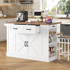 Keyluv Kitchen Storage Island with 2 Stools, 51.2” Mobile Kitchen Cart with Drop Leaf & Power Outlet, Rolling Island Table Dining Room Buffet with 2 Drawers & Side Storage Rack &Towel Rack, White