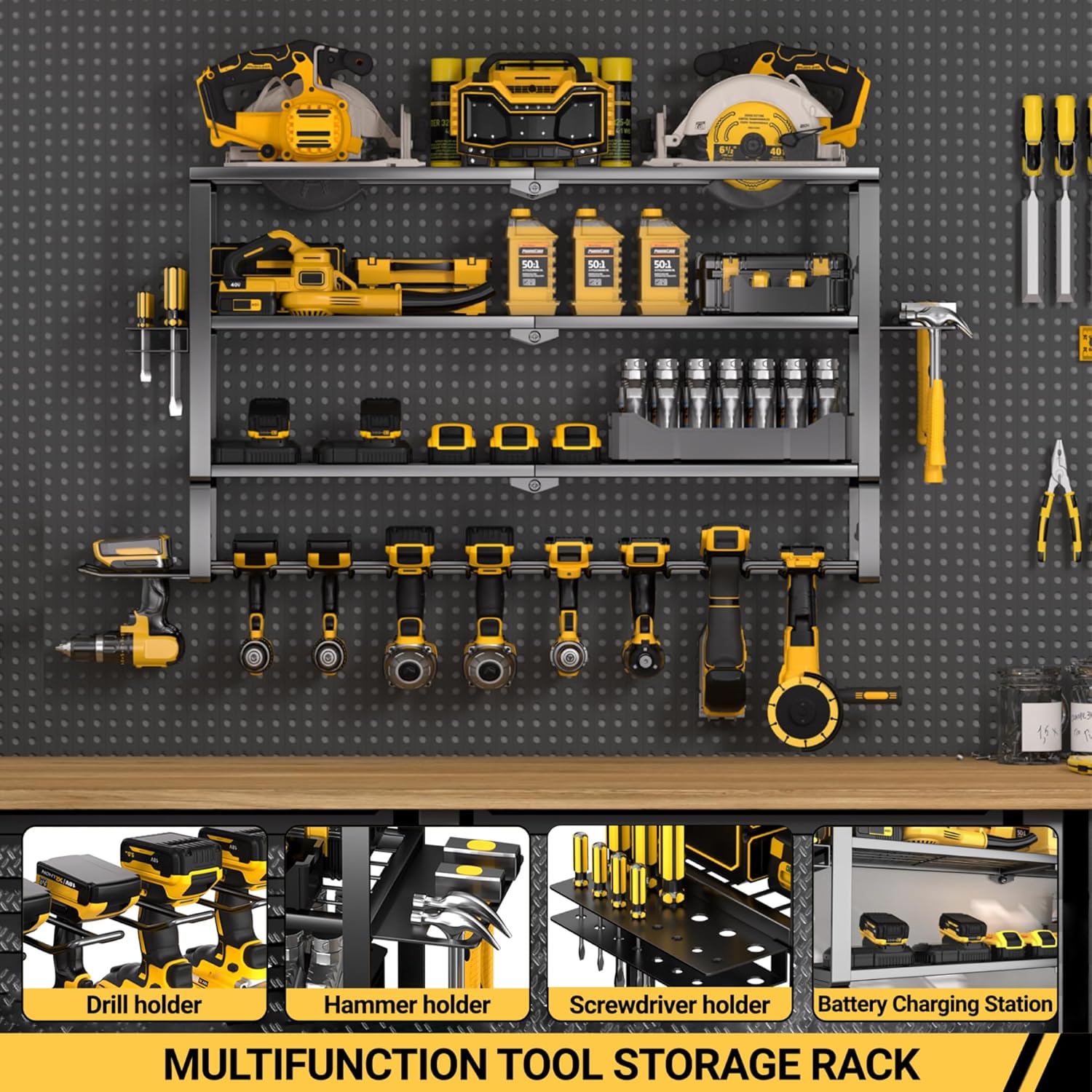 YYR Large Power Tool Organizer Wall Mount, Heavy Duty Metal Cordless Drill Storage Rack with Battery Charging Station Shelf, Utility Racks for Garage Organization, 4 Layer 10 Drills Holder Extra Tall