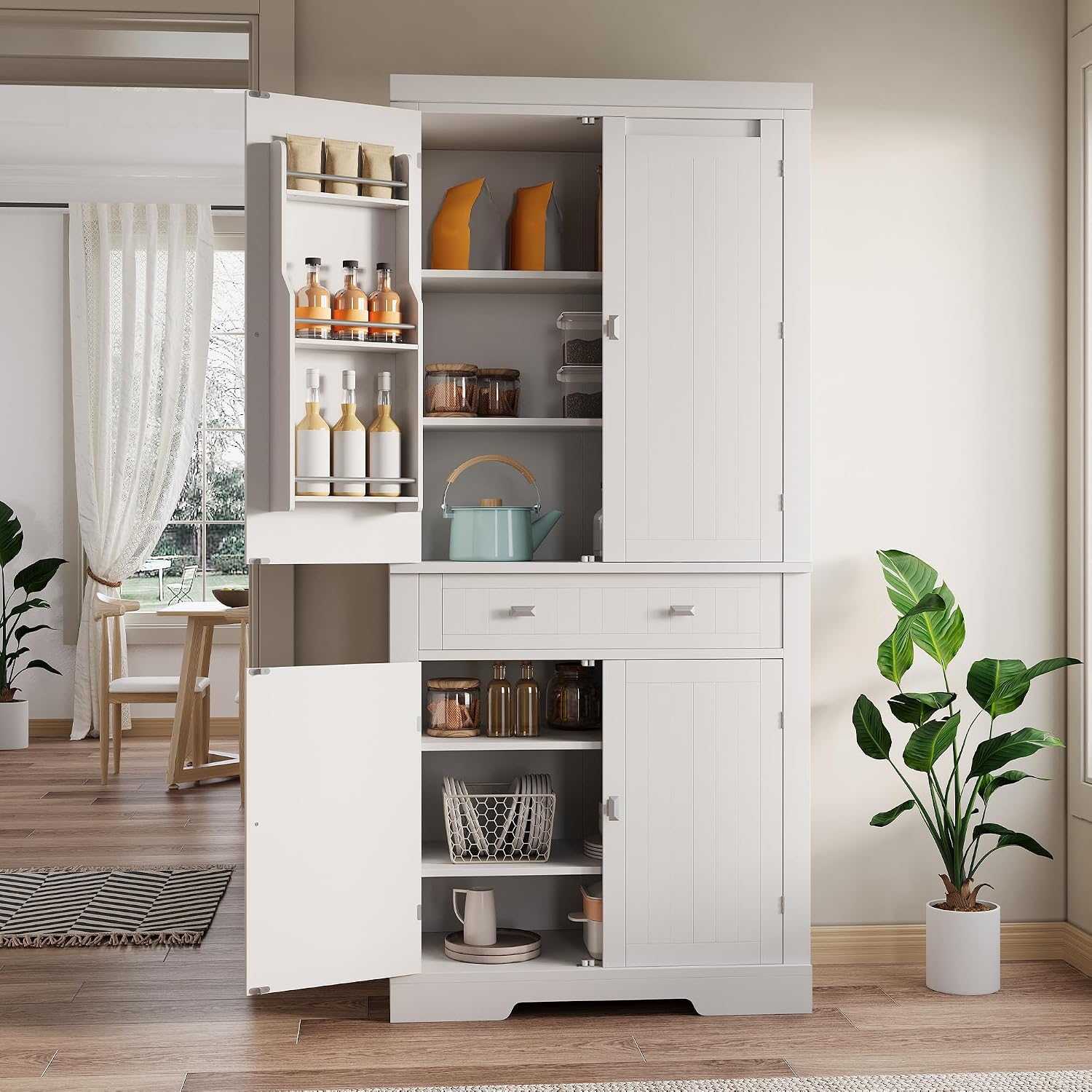 GAOMON 72in Tall Kitchen Pantry Cabinet, Farmhouse Large Cupboard Storage Cabinet with Adjustable Shelves 6 Door Racks for Living Dining Room Laundry,White