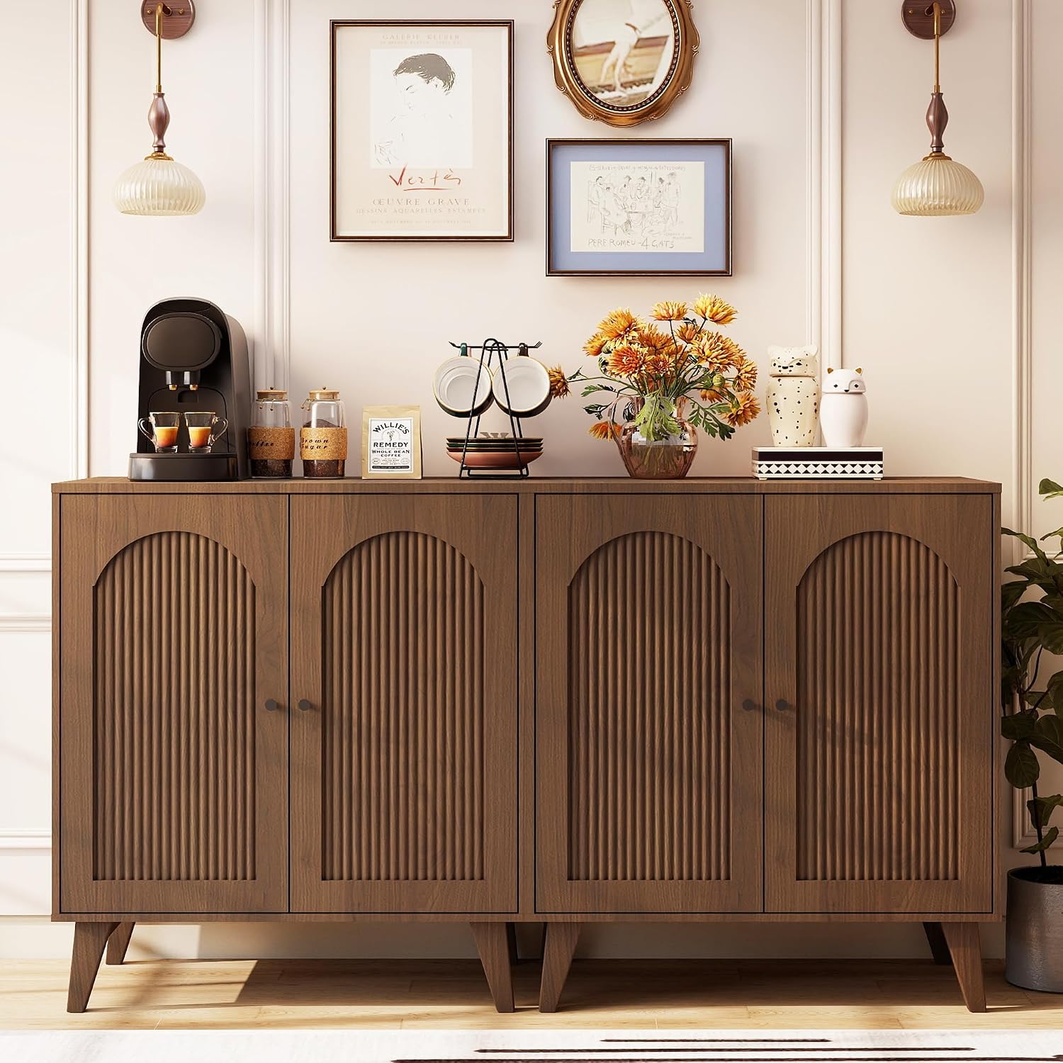 Sideboard Buffet Cabinet with Storage, Modern Accent Cabinet with Adjustable Shelf & Solid Wood Legs, Farmhouse Coffee Bar Cabinet for Living Room, Kitchen, Entryway, Walnut*2 pc