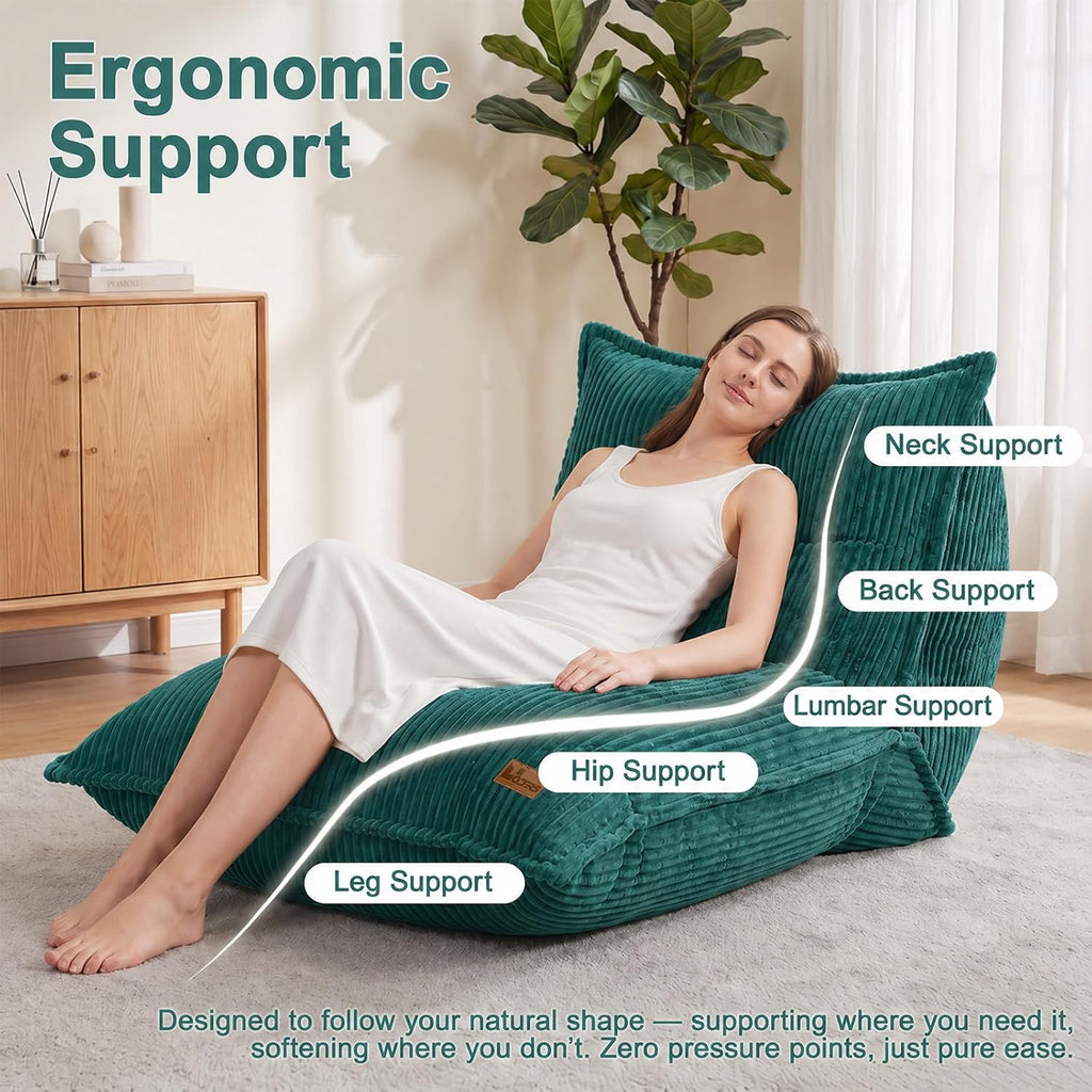 L-Shaped Oversized Bean Bag Chair, Fluffy Memory Foam Beanbag with Corduroy Fabric for Adults Teens Kids, Lightweight Lounge Floor Sofa Chair for Living Room Bedroom - Green