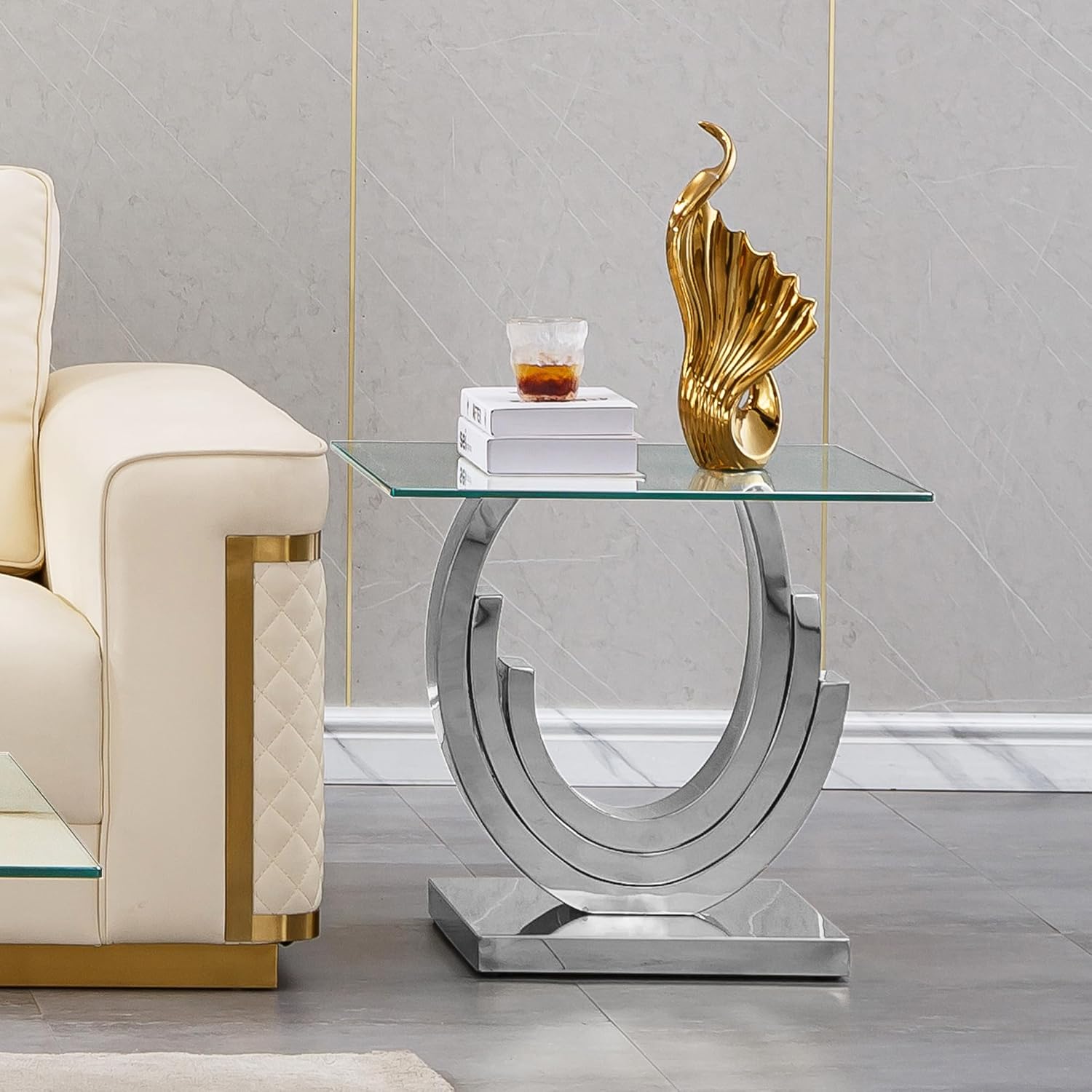 Glass End Table, 22.83" Square Side Table with Tempered Glass Top and Silver Mirror Finish Stainless Steel Three U-Shaped Base, Modern Small End Side Table for Living Room