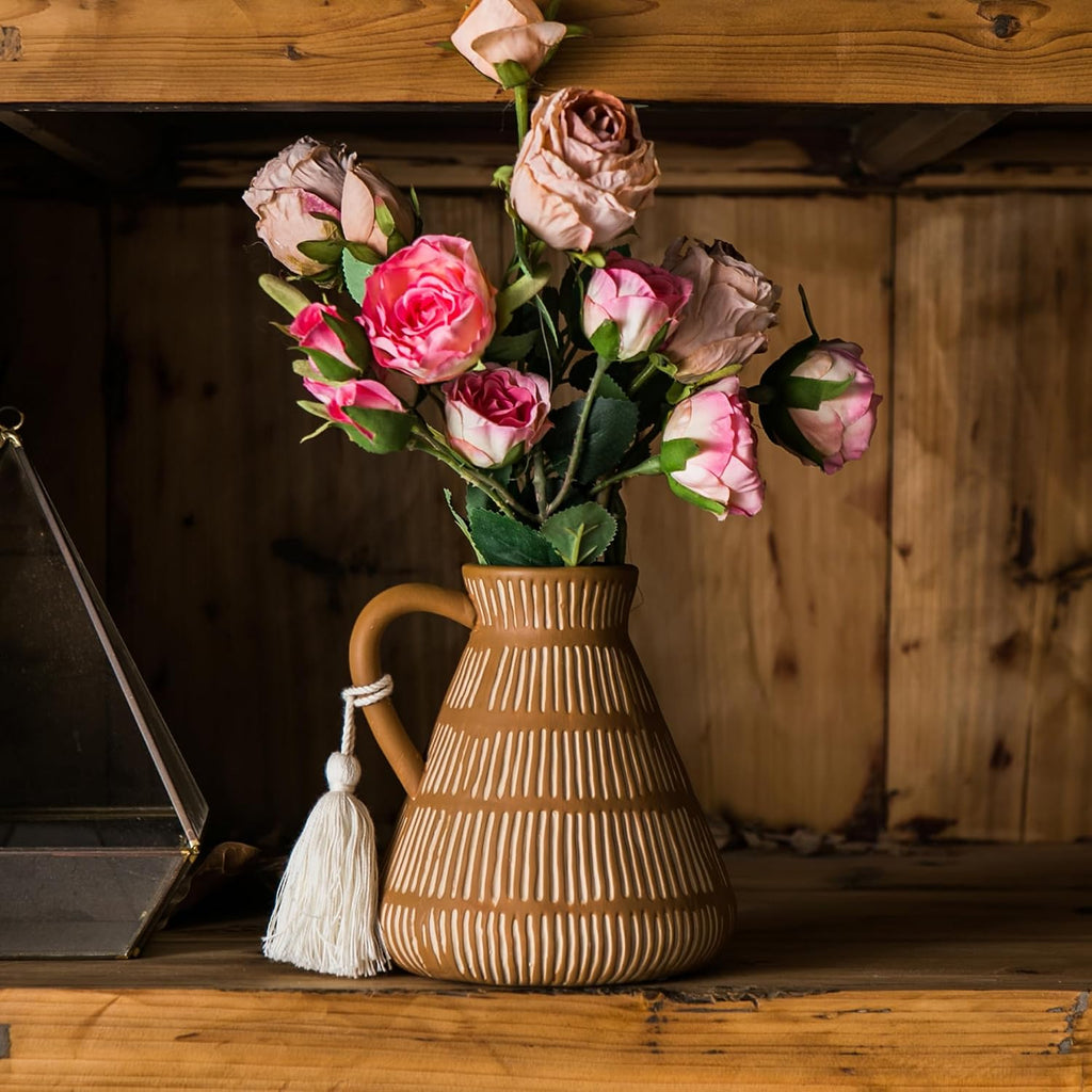 Mowtanco Rustic Farmhouse Vase with Handle and Tassel, Vertical Stripes Terracotta Pottery - Vintage Ceramic Clay for Home Décor, Shelf, Table, Bookshelf, Mantle, Entryway