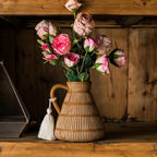 Mowtanco Rustic Farmhouse Vase with Handle and Tassel, Vertical Stripes Terracotta Pottery - Vintage Ceramic Clay for Home Décor, Shelf, Table, Bookshelf, Mantle, Entryway